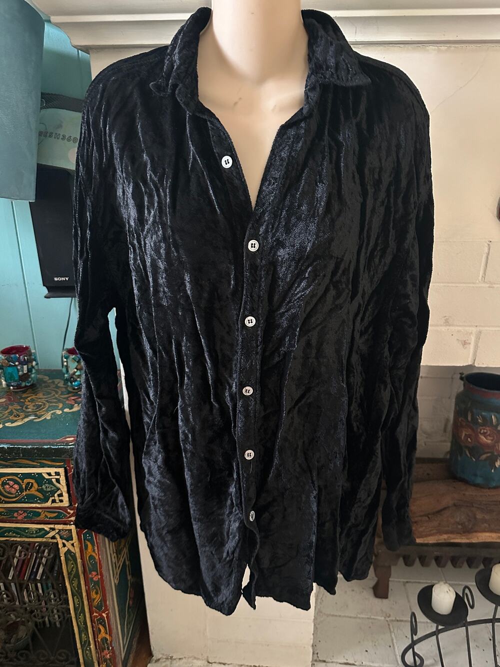 VINTAGE 90s CP SHADES BLACK CRUSHED VELVET BUTTON DOWN SHIRT BLOUSE M
